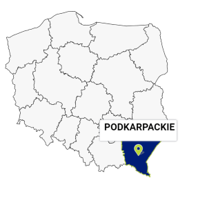 Mapa Polski z wyszczególnionymi województwami oraz zaznaczonym województwem Podkarpackim.