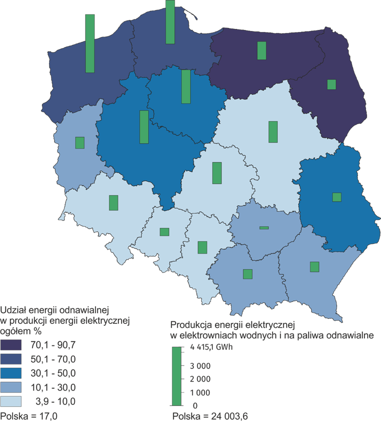 Mapa polski przedstawiająca poszczególne województwa dotycząca udziału energii odnawialnej w produkcji energii elektrycznej (w %): zachodnio-pomorskie 50,1 – 70,  pomorskie 50,1 – 70,  warmińsko-mazurskie 70,1 – 90, 7, podlaskie 70,1 – 90, 7, lubuskie 10,1 – 30, wielkopolskie 30,1 – 50,   kujawsko-pomorskie 30,1 – 50, łódzkie 3,9 – 10, mazowieckie 3,9 – 10, lubelskie 30,1 – 50, dolnośląskie 3,9 – 10, opolskie 3,9 – 10, śląskie 3,9 – 10, małopolskie 10,1 – 30, świętokrzyskie 10,1 – 30, podkarpackie 10,1 – 30,  Polska  17. Mapa przedstawia również dane dotyczące produkcji energii elektrycznej w elektrowniach wodnych i na paliwa odnawialne, natomiast nie da odczytać się danych w sposób dokładny: zaobserwować można jednak, że największa statystyka występuje w województwie zachodniopomorskim, a dla polski wynosi 24003,6 GWh. 