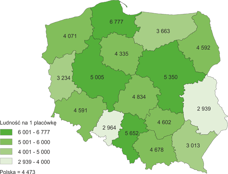 Mapa polski przedstawiająca poszczególne województwa (ludność na 1 placówkę): zachodnio-pomorskie 4071, pomorskie 6777, warmińsko-mazurskie 3663, podlaskie 4592, lubuskie 3234, wielkopolskie 5005, kujawsko-pomorskie 4335, łódzkie 4834, mazowieckie 5350, lubelskie 2939, dolnośląskie 4591, opolskie 2964, śląskie 5652, małopolskie 4678, świętokrzyskie 4602, podkarpackie 3013, Polska 4473.