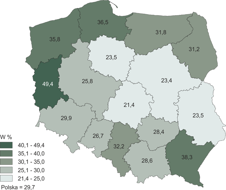 Mapa polski przedstawiająca poszczególne województwa (w %): zachodnio-pomorskie 35,8, pomorskie 36,5, warmińsko-mazurskie 31,8, podlaskie 31,2, lubuskie 49,4, wielkopolskie 25,8, kujawsko-pomorskie 23,5, łódzkie 21,4, mazowieckie 23,4, lubelskie 23,5, dolnośląskie 29,9, opolskie 26,7, śląskie 32,2, małopolskie 28,6, świętokrzyskie 28,4, podkarpackie 38,3, Polska 29,7.